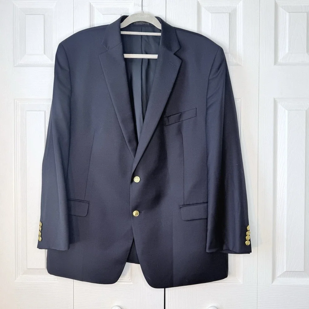 Lauren Ralph Lauren Men's Navy Wool Sport Coat Blazer Jacket Gold Buttons 46R‎